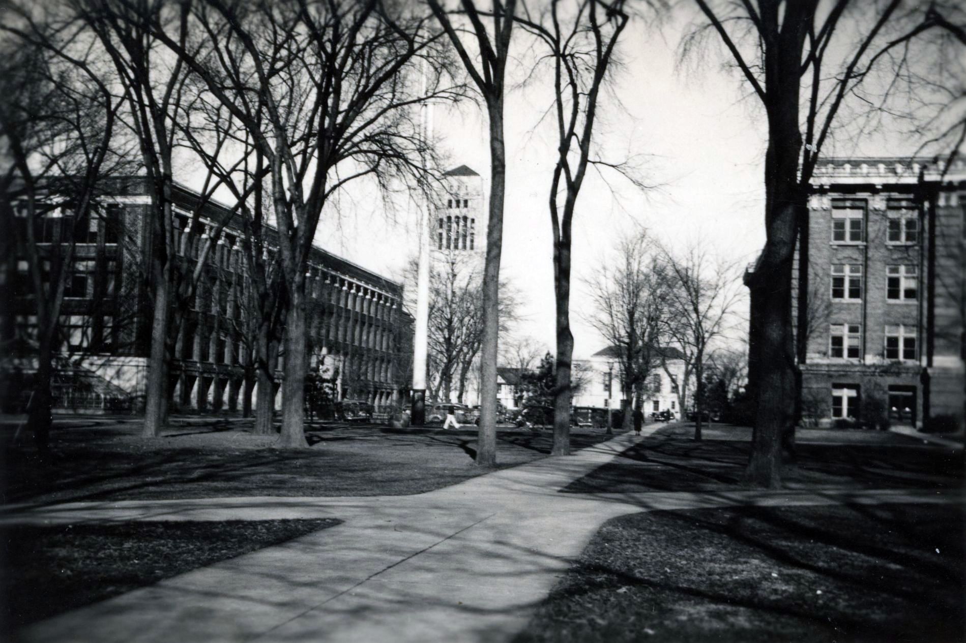 Ann Arbor – Univ. of Michigan. centrum „campus’w” ; po lewej str. budynek, gdzie odbyły się moje wykłady 8 i 9 listop., w głębi wieża zegarowa „Butron Memorial Tower”. 09.11.1938